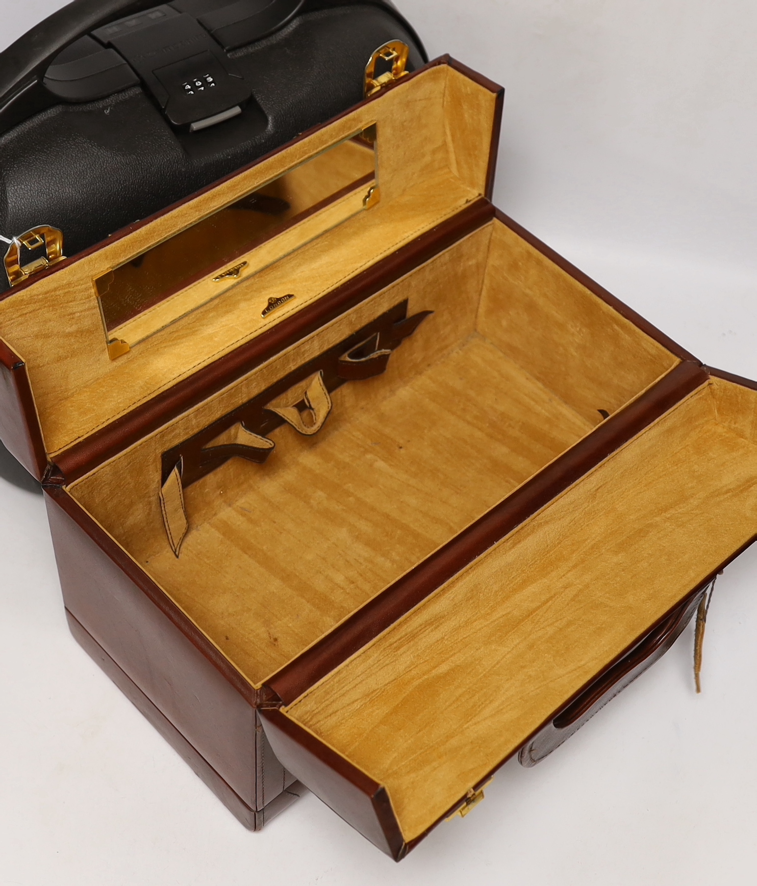 Hermes boxed red leather pen case, a Samsonite black hard plastic overnight case and a brown leather vanity/jewllery case, largest 34cm high